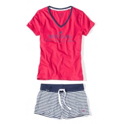Dámsky modro-červený pyžamový komplet s pruhovanými kraťasmi