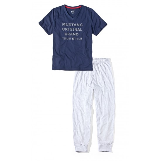 Pánske bavlnené pyžamo OLE modrá/sivá - tričko + dlhé nohavice MUSTANG