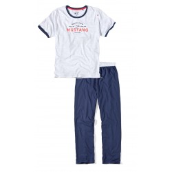 Pánske bavlnené pyžamo bielo modré MIKA - dlhé nohavice + tričko